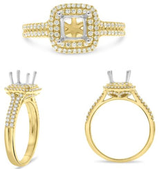 .44CT DIAMOND 14KT YELLOW GOLD ROUND CLASSIC SQUARE DOUBLE HALO SEMI MOUNT RING