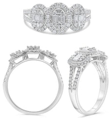 .66CT DIAMOND 14KT WHITE GOLD ROUND & BAGUETTE CLUSTER PAST PRESENT FUTURE RING