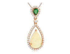 1.59CT DIAMOND & AAA OPAL & EMERALD 14K ROSE GOLD 3D PEAR SHAPE FLOATING PENDANT