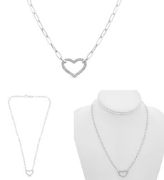 .25CT DIAMOND 14KT WHITE GOLD 3D CLASSIC PAVE OPEN HEART OVAL LINK LOVE NECKLACE