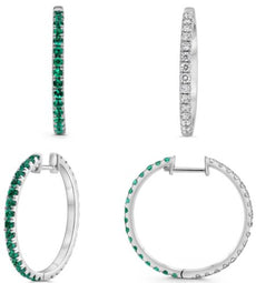 1.80CT DIAMOND & AAA EMERALD 14KT WHITE GOLD DOUBLE SIDED HOOP HANGING EARRINGS