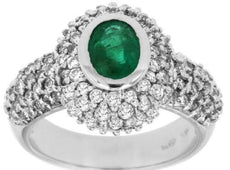 2.25CT DIAMOND & AAA EMERALD 14KT WHITE GOLD 3D OVAL TRIPLE HALO ENGAGEMENT RING