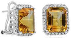 6.70CT DIAMOND & AAA CITRINE 14K WHITE GOLD EMERALD CUT & ROUND CLIP ON EARRINGS