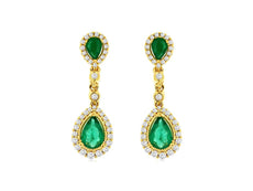 1.37CT DIAMOND & AAA EMERALD 14K YELLOW GOLD ROUND & PEAR SHAPE HANGING EARRINGS