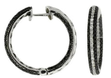 2.0CT WHITE & BLACK DIAMOND 14KT WHITE GOLD 3D INSIDE OUT HOOP HANGING EARRINGS