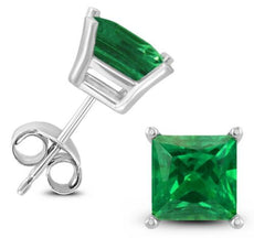 ESTATE .80CT AAA EMERALD 14KT WHITE GOLD CLASSIC PRINCESS SQUARE STUD EARRINGS