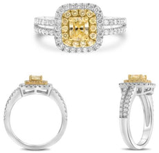 1.28CT WHITE & FANCY YELLOW DIAMOND 18K WHITE GOLD 3D CUHION & ROUND SQUARE RING