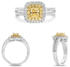 1.28CT WHITE & FANCY YELLOW DIAMOND 18K WHITE GOLD 3D CUHION & ROUND SQUARE RING