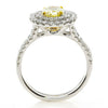 1.77CT WHITE & FANCY YELLOW DIAMOND 18KT 2 TONE GOLD DOUBLE HALO ENGAGEMENT RING