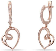 ESTATE .15CT DIAMOND 14KT ROSE GOLD 3D OPEN HEART LEVERBACK FUN HANGING EARRINGS