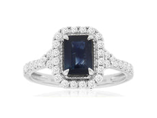 1.55CT DIAMOND & AAA SAPPHIRE 14K WHITE GOLD EMERALD CUT & ROUND ENGAGEMENT RING