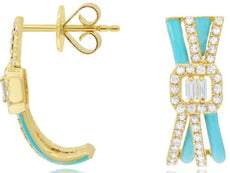 .44CT DIAMOND & TURQUOISE ENAMEL 14KT YELLOW GOLD ROUND & BAGUETTE FUN EARRINGS