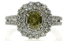 2.05CT WHITE & FANCY YELLOW DIAMOND 18KT WHITE GOLD OVAL & ROUND ENGAGEMENT RING
