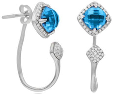 3.04CT DIAMOND & AAA BLUE TOPAZ 14KT WHITE GOLD CUSHION & ROUND HANGING EARRINGS