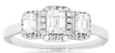 .75CT DIAMOND 14KT WHITE GOLD 3D ROUND & BAGUETTE 3 STONE HALO ENGAGEMENT RING