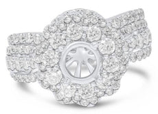 1.77CT DIAMOND 18KT WHITE GOLD 3D 4 PRONG FLORAL DOUBLE HALO SEMI MOUNT RING SET