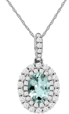 1.05CT DIAMOND & AAA AQUAMARINE 14KT WHITE GOLD 3D DOUBLE HALO FLOATING PENDANT