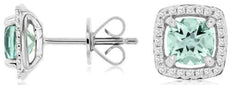1.14CT DIAMOND & AAA AQUAMARINE 14K WHITE GOLD CUSHION HALO SQUARE STUD EARRINGS