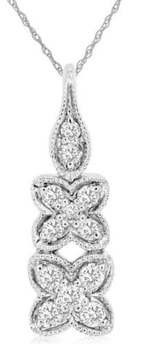 .16CT DIAMOND 14KT WHITE GOLD 3D ROUND DOUBLE FLOWER TEAR DROP FLOATING PENDANT