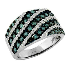 1.25CT WHITE & BLUE DIAMOND 14KT WHITE GOLD MULTI ROW DIAGONAL ANNIVERSARY RING