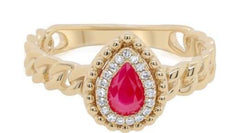 .46CT DIAMOND & AAA RUBY 14KT YELLOW GOLD PEAR SHAPE & ROUND HALO LOVE KNOT RING