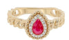 .46CT DIAMOND & AAA RUBY 14KT YELLOW GOLD PEAR SHAPE & ROUND HALO LOVE KNOT RING