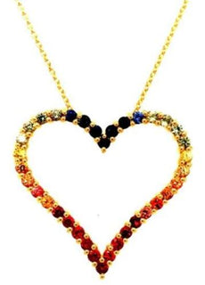 1.22CT AAA MULTI COLOR SAPPHIRE 18KT YELLOW GOLD 3D OPEN HEART FLOATING PENDANT