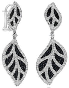 2.88CT WHITE & BLACK DIAMOND 18K WHITE GOLD DOUBLE LEAF CLIP ON HANGING EARRINGS