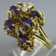 ANTIQUE LARGE 1.59CT DIAMOND & AAA AMETHYST 14KT YELLOW GOLD 3D FLOWER FUN RING