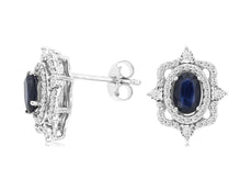 1.69CT DIAMOND & AAA SAPPHIRE 14KT WHITE GOLD OVAL FILIGREE FLOWER STUD EARRINGS