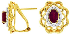 1.32CT DIAMOND & AAA RUBY 14KT YELLOW GOLD OVAL & ROUND FLOWER CLIP ON EARRINGS