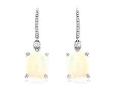 5.95CT DIAMOND & AAA OPAL 14KT WHITE GOLD 3D CUSHION LEVERBACK HANGING EARRINGS