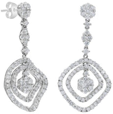LARGE 3.20CT DIAMOND 18KT WHITE GOLD 3D MULTI FLOWER SQUARE FUN HANGING EARRINGS