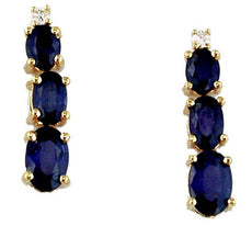 2.34CT DIAMOND & AAA SAPPHIRE 14KT YELLOW GOLD 3D OVAL & ROUND 3 STONE EARRINGS