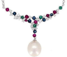 1.37CT DIAMOND & AAA MULTI GEM & AAA PEARL 14KT WHITE GOLD V SHAPE LOVE NECKLACE