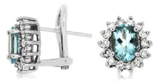 2CT DIAMOND & AAA AQUAMARINE 14K WHITE GOLD OVAL FLOWER CLIP ON HANGING EARRINGS