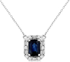 1.19CT DIAMOND & AAA SAPPHIRE 14KT WHITE GOLD ROUND & BAGUETTE HALO FUN NECKLACE