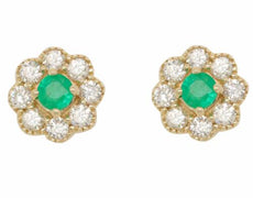 ESTATE .63CT DIAMOND & AAA EMERALD 14K YELLOW GOLD FLOWER FILIGREE STUD EARRINGS