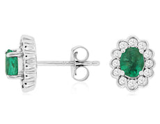1.03CT DIAMOND & AAA EMERALD 14KT WHITE GOLD OVAL & ROUND FLOWER STUD EARRINGS
