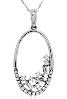 .22CT DIAMOND 14KT WHITE GOLD 3D ROUND & BAGUETTE OVAL CLUSTER FLOATING PENDANT
