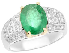 3.7CT DIAMOND & AAA EMERALD 14KT 2 TONE GOLD 3D ROUND & PRINCESS ENGAGEMENT RING