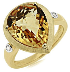 5.43CT DIAMOND & AAA CITRINE 14KT YELLOW GOLD 3D PEAR SHAPE & ROUND 3 STONE RING