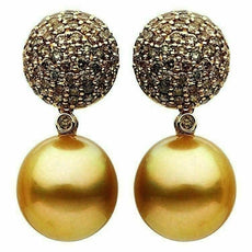 ESTATE LARGE 2.1CT MOCHA DIAMOND & GOLDEN SOUTH SEA PEARL 18K ROSE GOLD EARRINGS