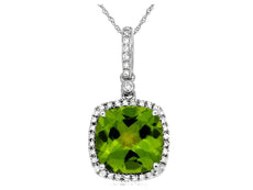 4.36CT DIAMOND & AAA PERIDOT 14KT WHITE GOLD 3D CUSHION & ROUND FLOATING PENDANT