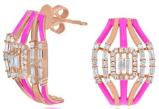 WIDE .76CT DIAMOND & PINK ENAMEL 14KT ROSE GOLD 3D ROUND & BAGUETTE FUN EARRINGS