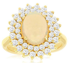 2.7CT DIAMOND & AAA OPAL 14KT YELLOW GOLD OVLA & ROUND DOUBLE HALO FLOWER RING