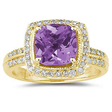 2.81CT DIAMOND & AAA AMETHYST 14KT YELLOW GOLD 3D CUSHION & ROUND HALO FUN RING