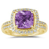 2.81CT DIAMOND & AAA AMETHYST 14KT YELLOW GOLD 3D CUSHION & ROUND HALO FUN RING