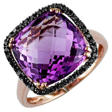 7.37CT BLACK DIAMOND & AAA AMETHYST 14KT ROSE GOLD CUSHION & ROUND SQUARE RING