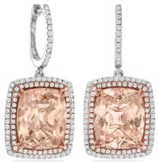 LARGE 10.81CT DIAMOND & AAA MORGANITE 18K WHITE & ROSE GOLD DOUBLE HALO EARRINGS